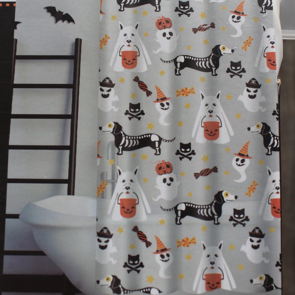 Halloween Ghost Dog Shower Curtain/Soap Dispenser Set Jack O' Lantern Lane NWT